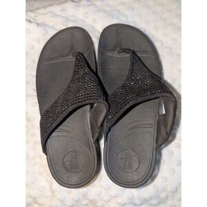 FitFlop Lulu Black Crystal Embellished Thong Sandals Black Women's Size 7